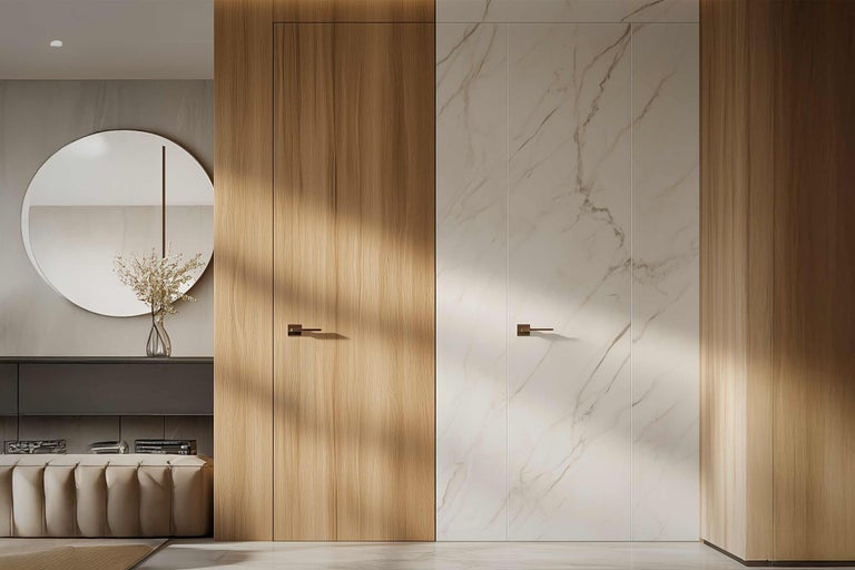 Innenraum mit Holztür, Marmortür, rundem Spiegel und Sitzbank