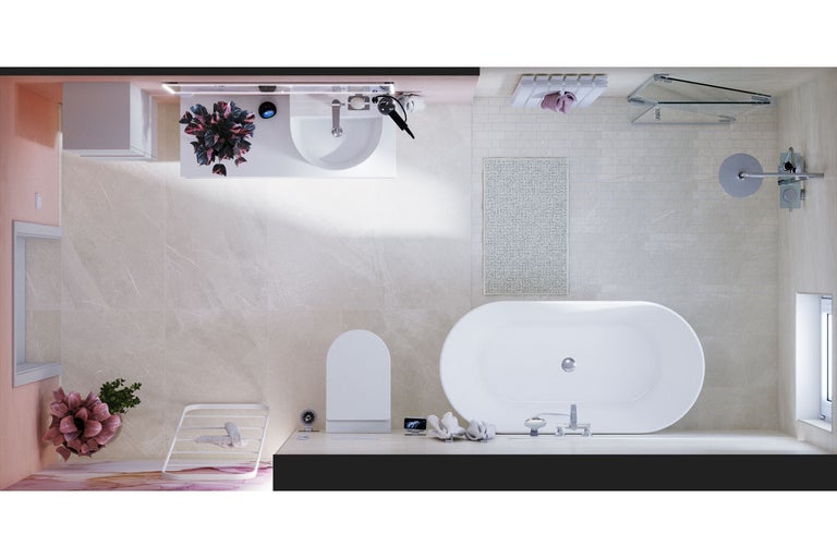 Vue de dessus d'une salle de bains avec baignoire, lavabo, toilettes et douche