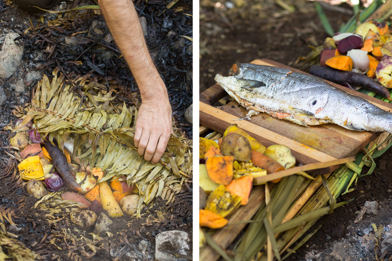 Erdofen Zubereitung mit Fisch und Gemüse