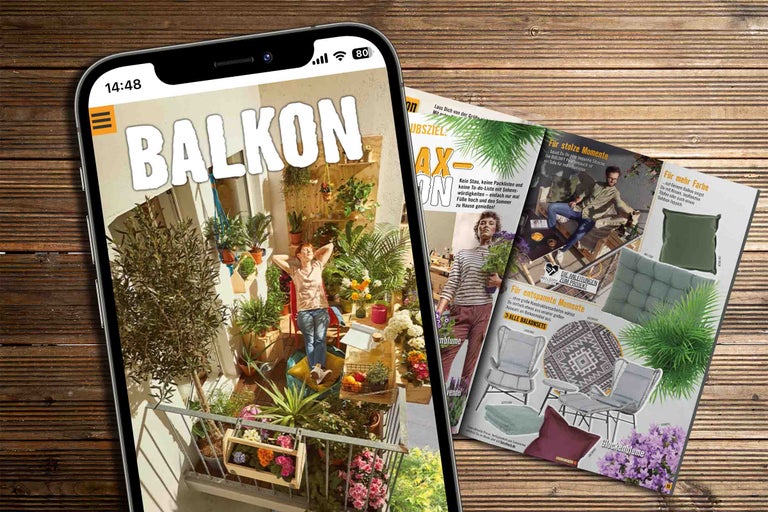 Un smartphone présente un magazine Hornbach sur les balcons à côté d'un magazine ouvert sur une surface en bois.