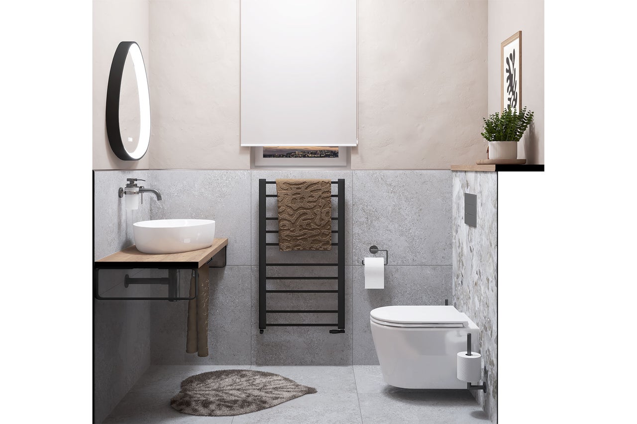 Salle de bain moderne avec vasque à poser sur bois, WC suspendu, radiateur sèche-serviettes noir et miroir LED ovale. Lumineux et organisé.
