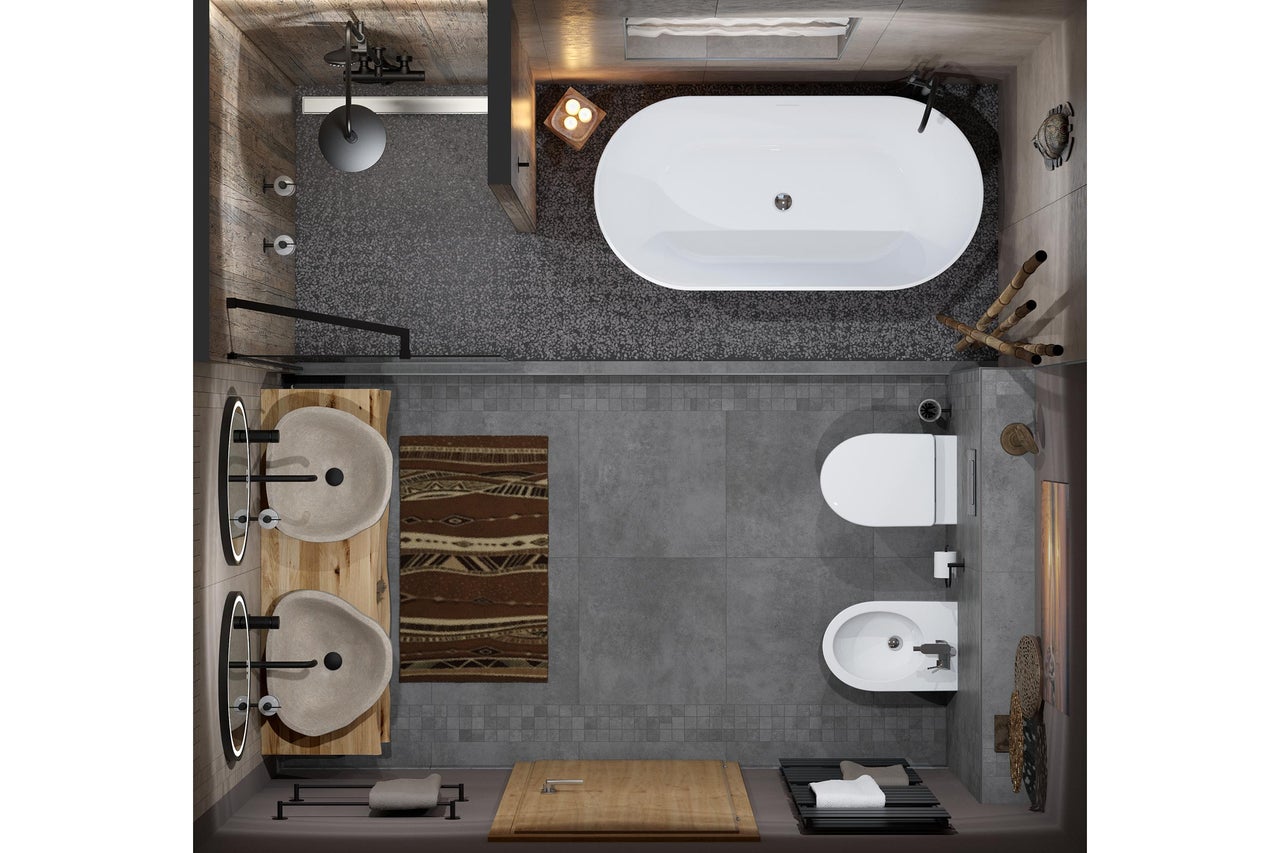 Vue de dessus d'une salle de bains moderne avec douche, baignoire îlot, double vasque en bois, WC et bidet sur carrelage gris.