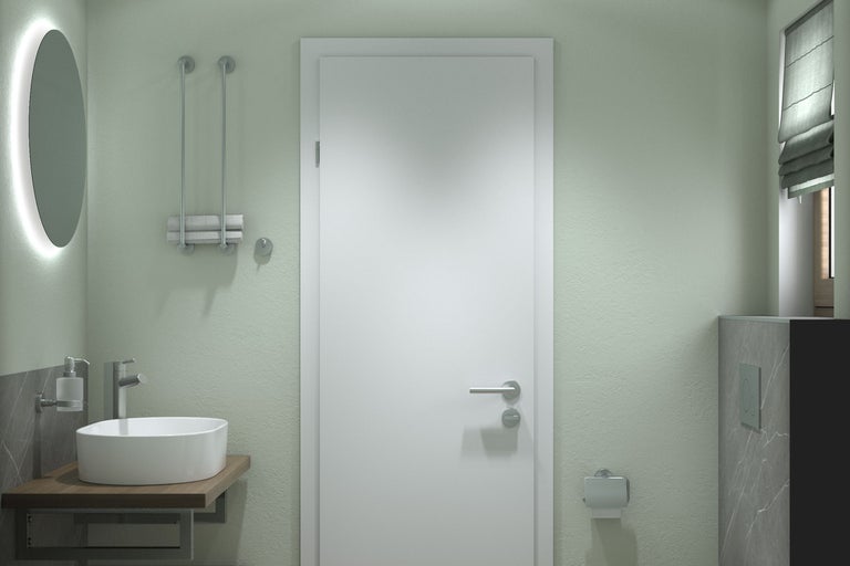 Salle de bain lumineuse avec lavabo, miroir, porte-serviettes et porte