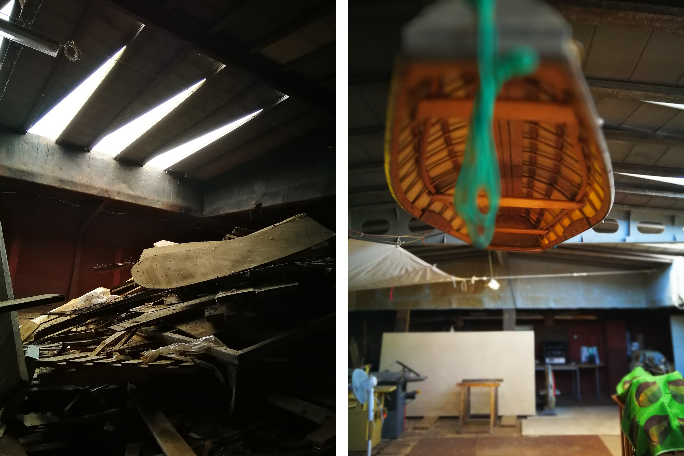 Werkstatt mit Holzresten und hängendem Bootsrumpf