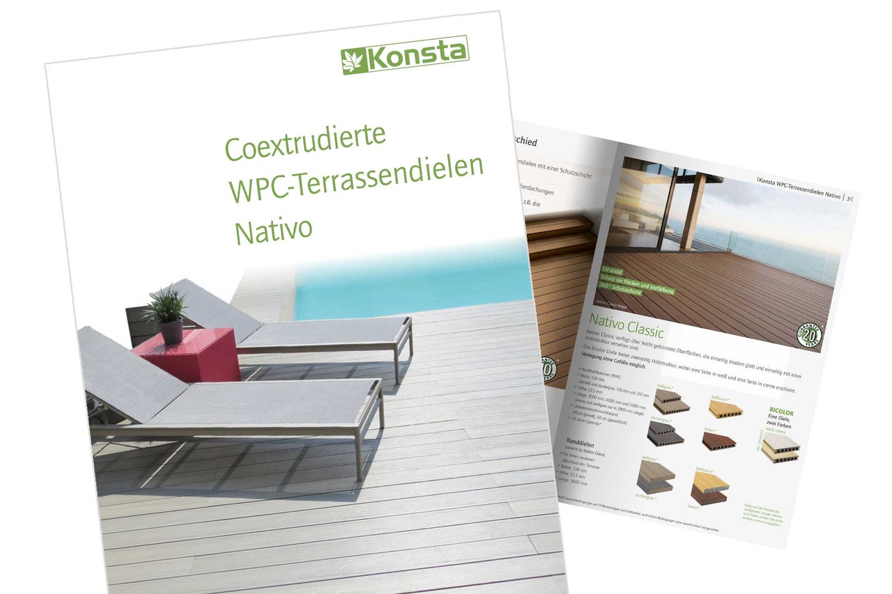 Brochure avec Konsta Logo pour lames de terrasse en WPC coextrudé Nativo, exemple d'utilisation, échantillons de couleurs et garantie de 20 ans.