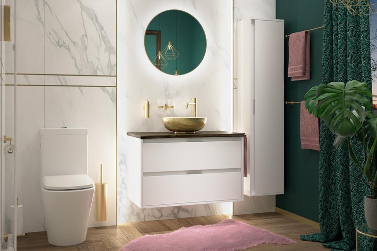 Modernes Badezimmer mit Toilette, Waschtischunterschrank, Aufsatzwaschbecken und Spiegel