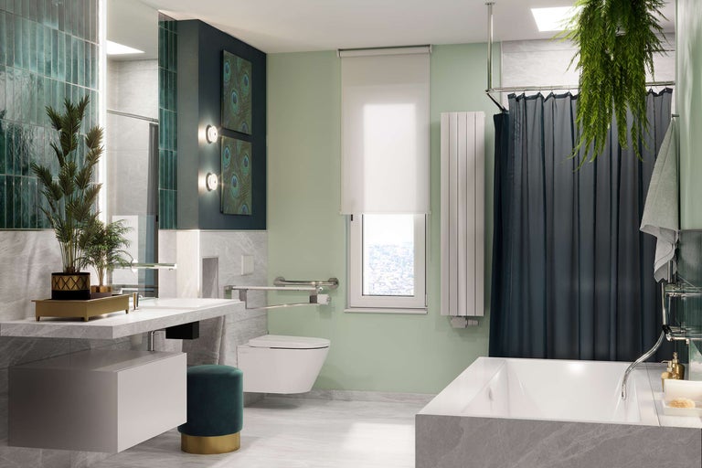 Modernes Badezimmer mit Waschtisch, Toilette mit Haltegriff, Badewanne und Dekoration