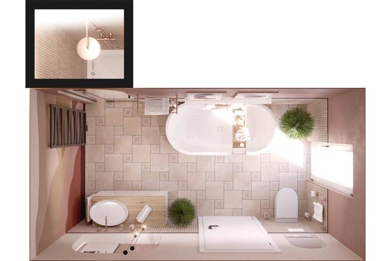 Draufsicht eines Badezimmers mit Badewanne, Waschbecken und Toilette