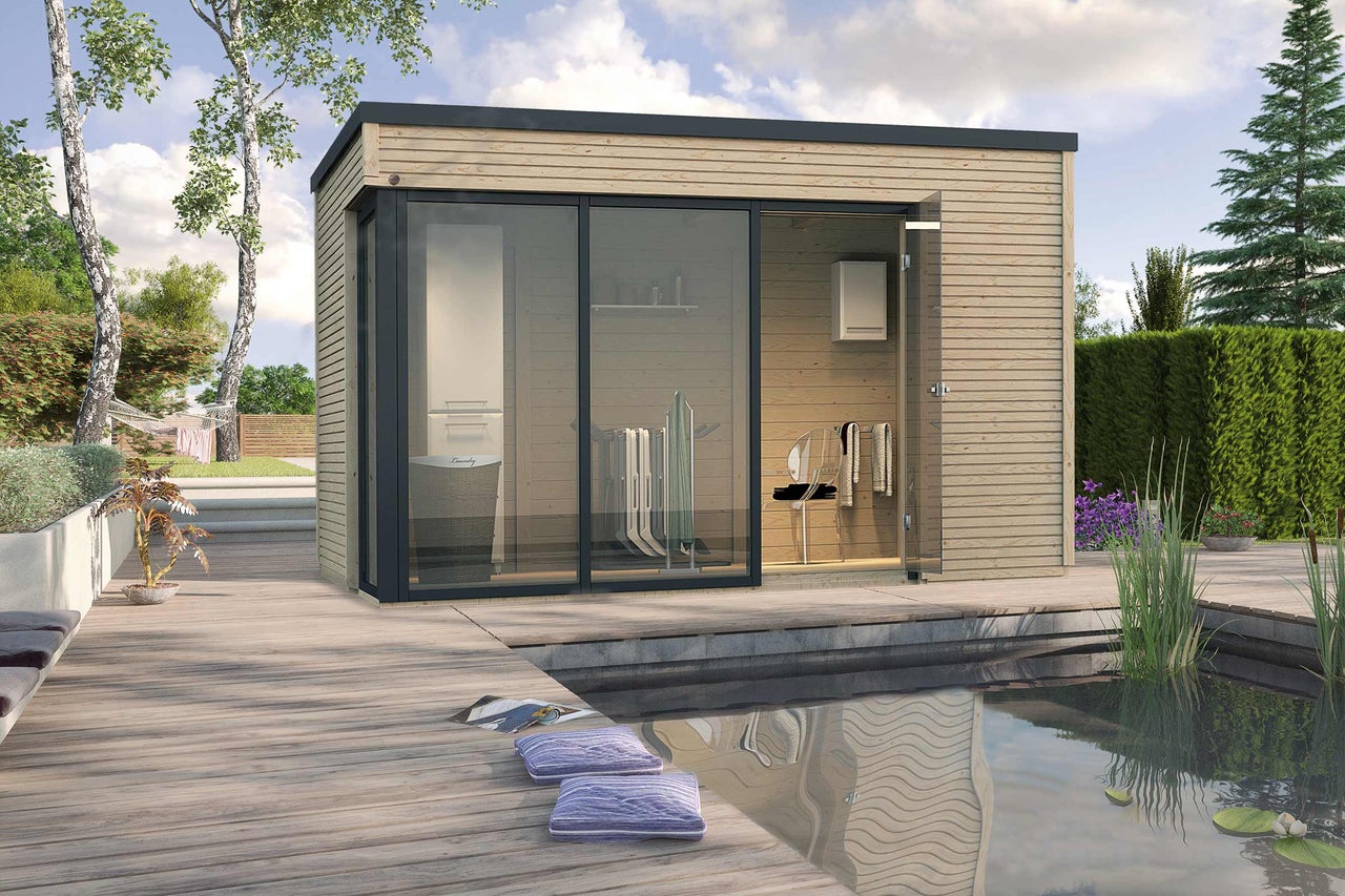 Abri de jardin avec porte coulissante, revêtement en bois et bassin