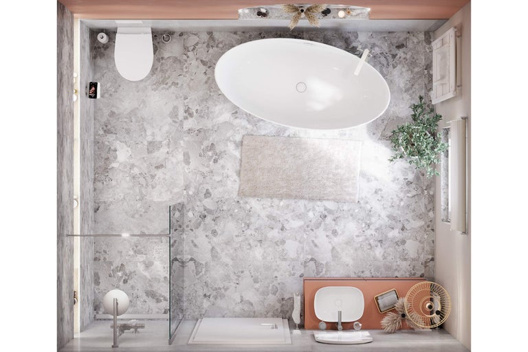 Vue de dessus d'une salle de bains avec toilettes, baignoire, douche et lavabo.