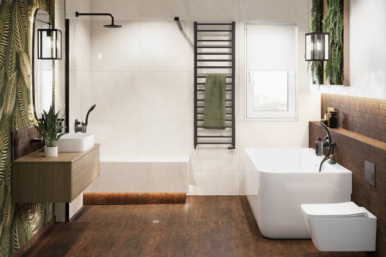 Salle de bain moderne avec baignoire, lavabo et sèche-serviettes