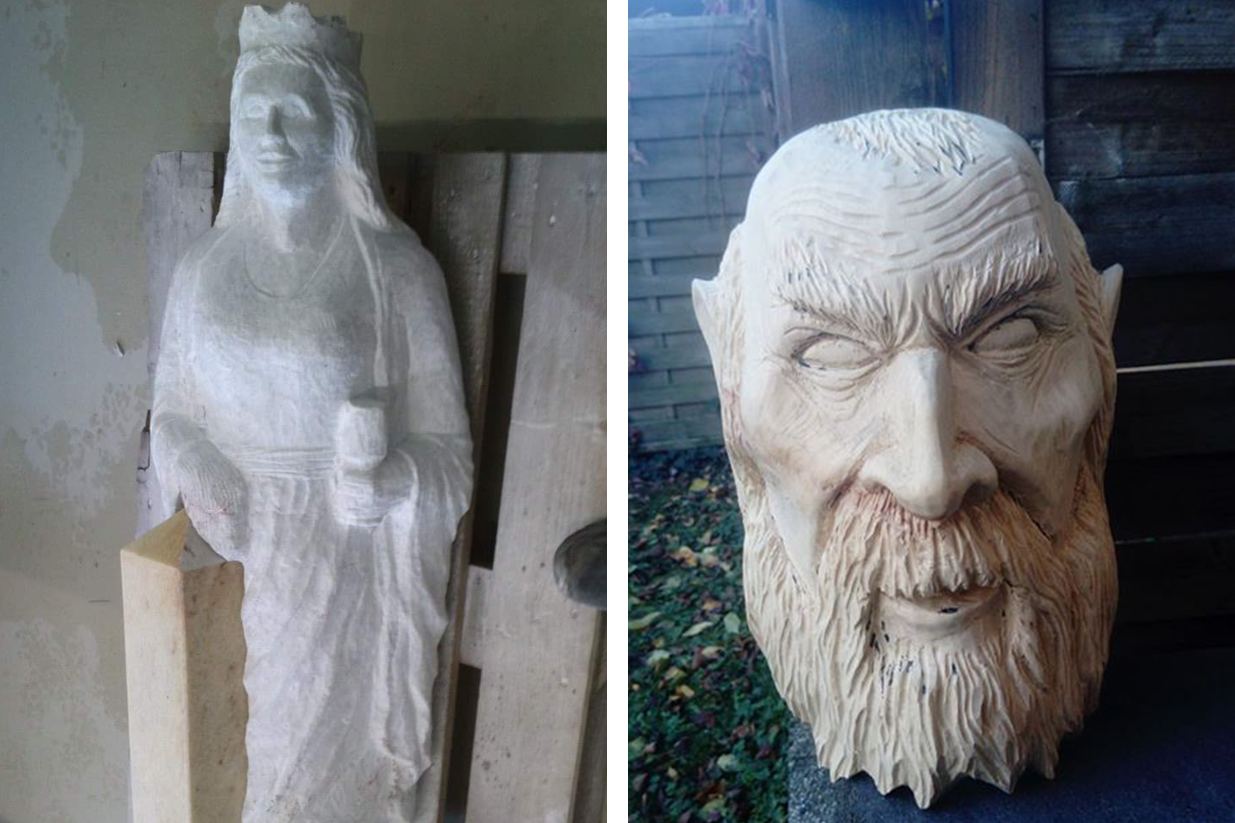 Abbildung zweier Holzskulpturen: eine Frau mit Krone und ein bärtiger Mann