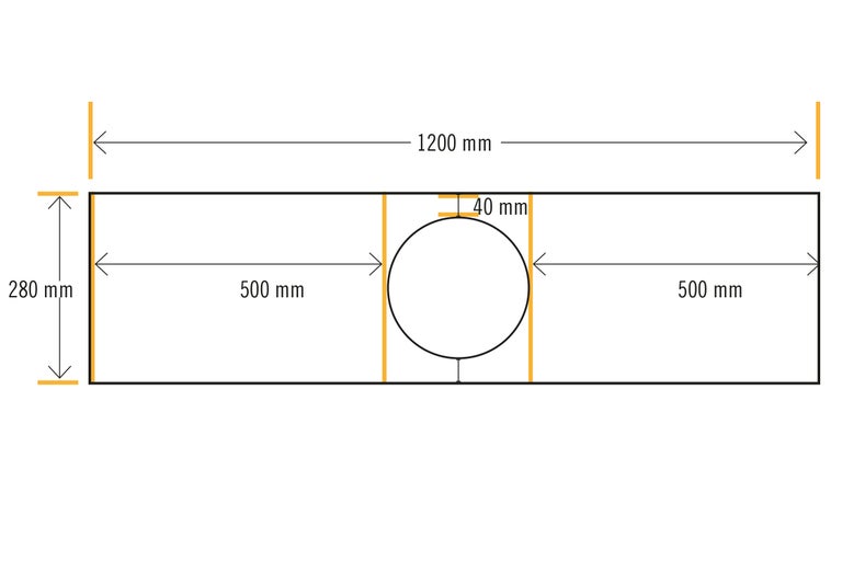 Représentation schématique d'une pièce avec des dimensions de 1200 mm de longueur et 280 mm de hauteur ainsi qu'une découpe ronde