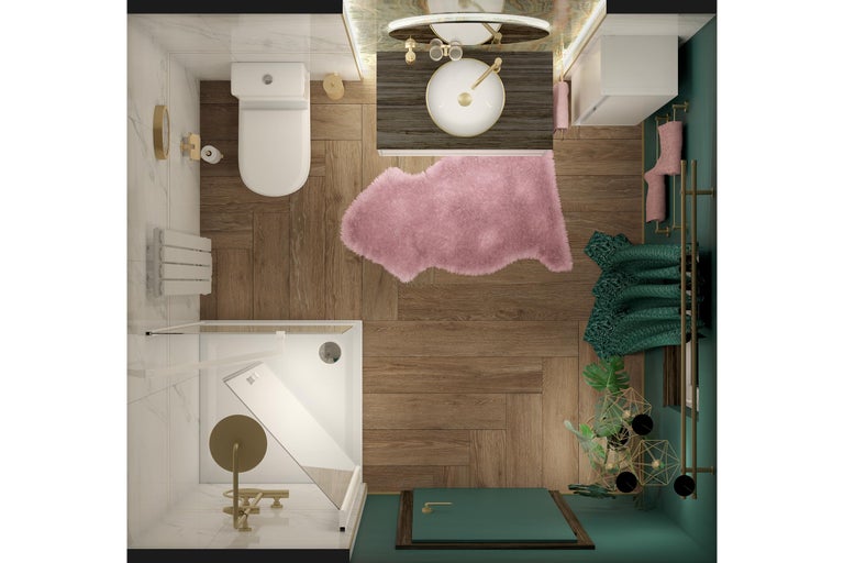 Vue de dessus d'une salle de bains avec douche, toilettes, lavabo et accessoires