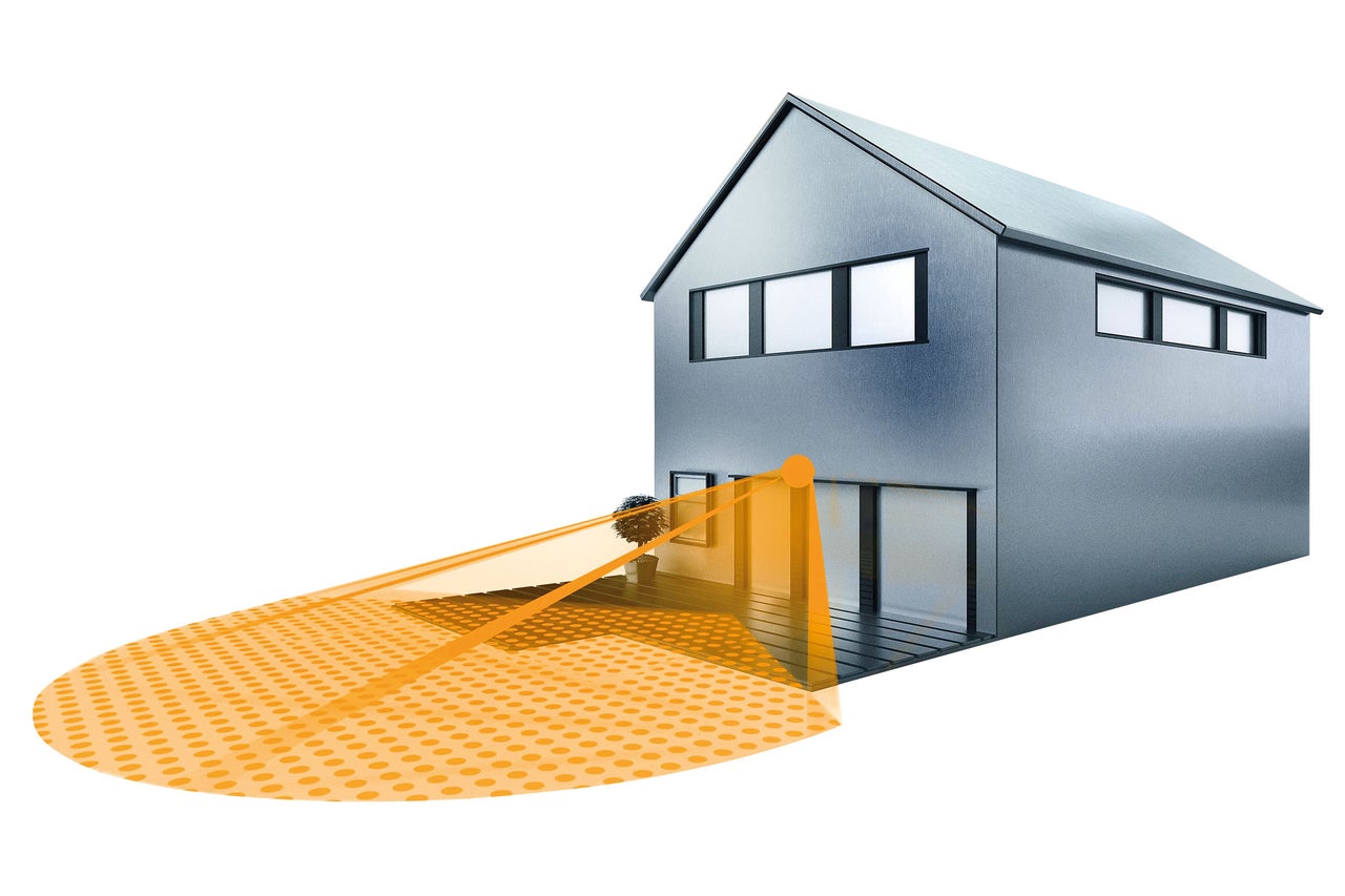 Illustration d'une maison avec la zone de détection d'un détecteur de mouvement