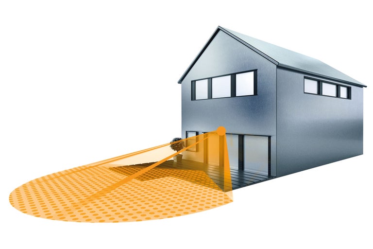 Illustration d'une maison avec la zone de détection d'un détecteur de mouvement