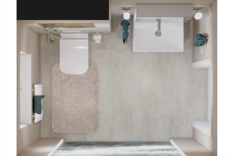 Draufsicht eines Badezimmers mit Toilette, Waschbecken, Handtuchheizkörper und Badteppich