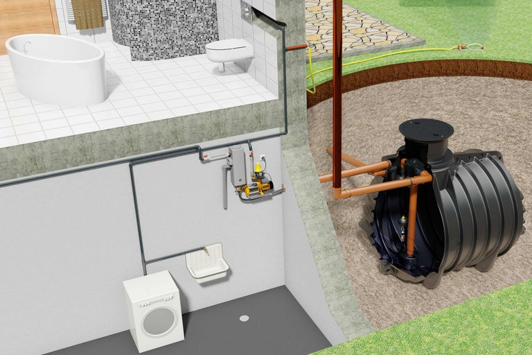 Représentation d'une maison avec un système d'utilisation de l'eau de pluie pour l'arrosage du jardin.