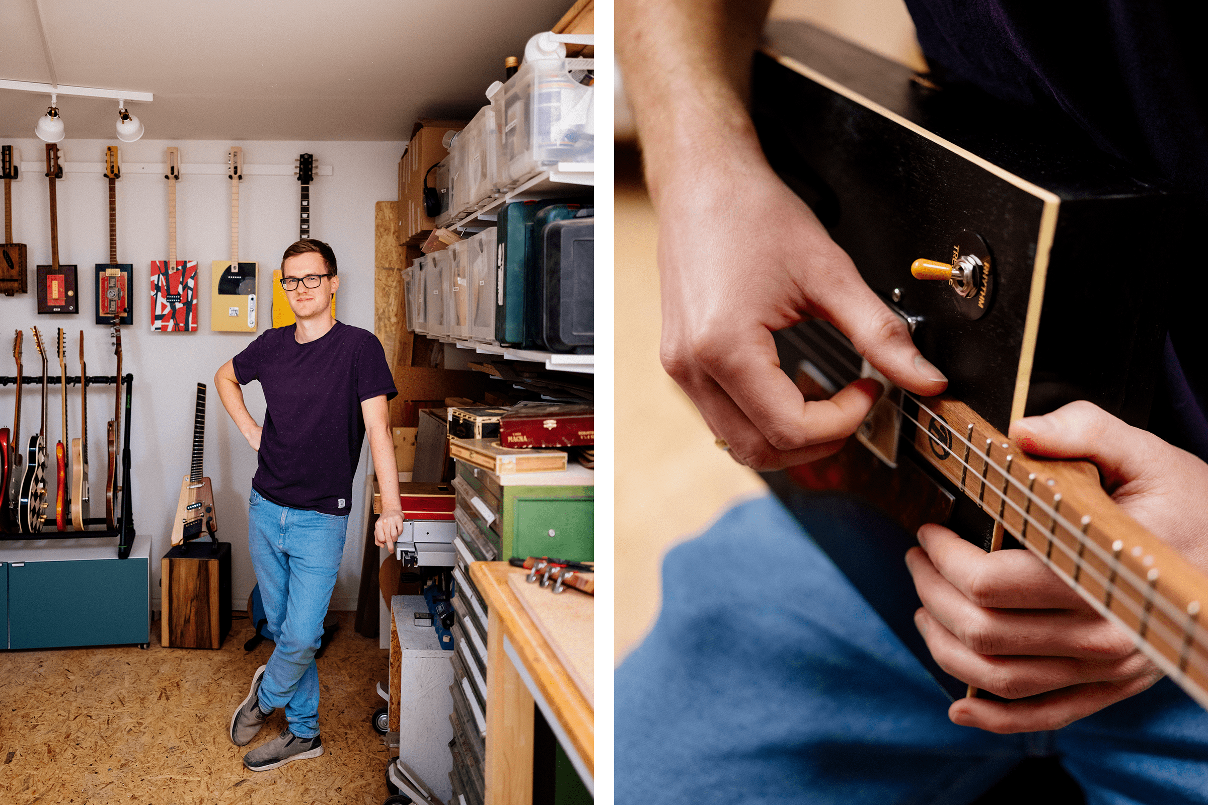 Mann in Werkstatt mit selbstgebauten Gitarren und spielender Person auf Zigarrenkistengitarre