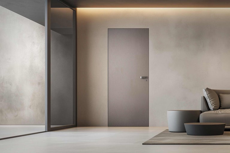 Modernes Wohnzimmer mit Tür, Glaswand und Couch