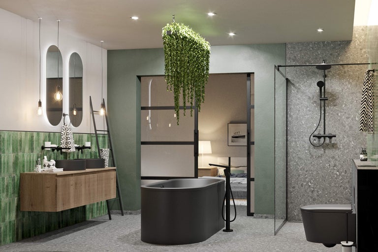 Modernes Badezimmer mit freistehender Badewanne, Waschtisch und Dusche