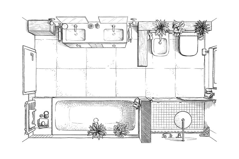 Draufsicht eines Badezimmers mit Badewanne, Waschbecken, Toilette und Fliesen