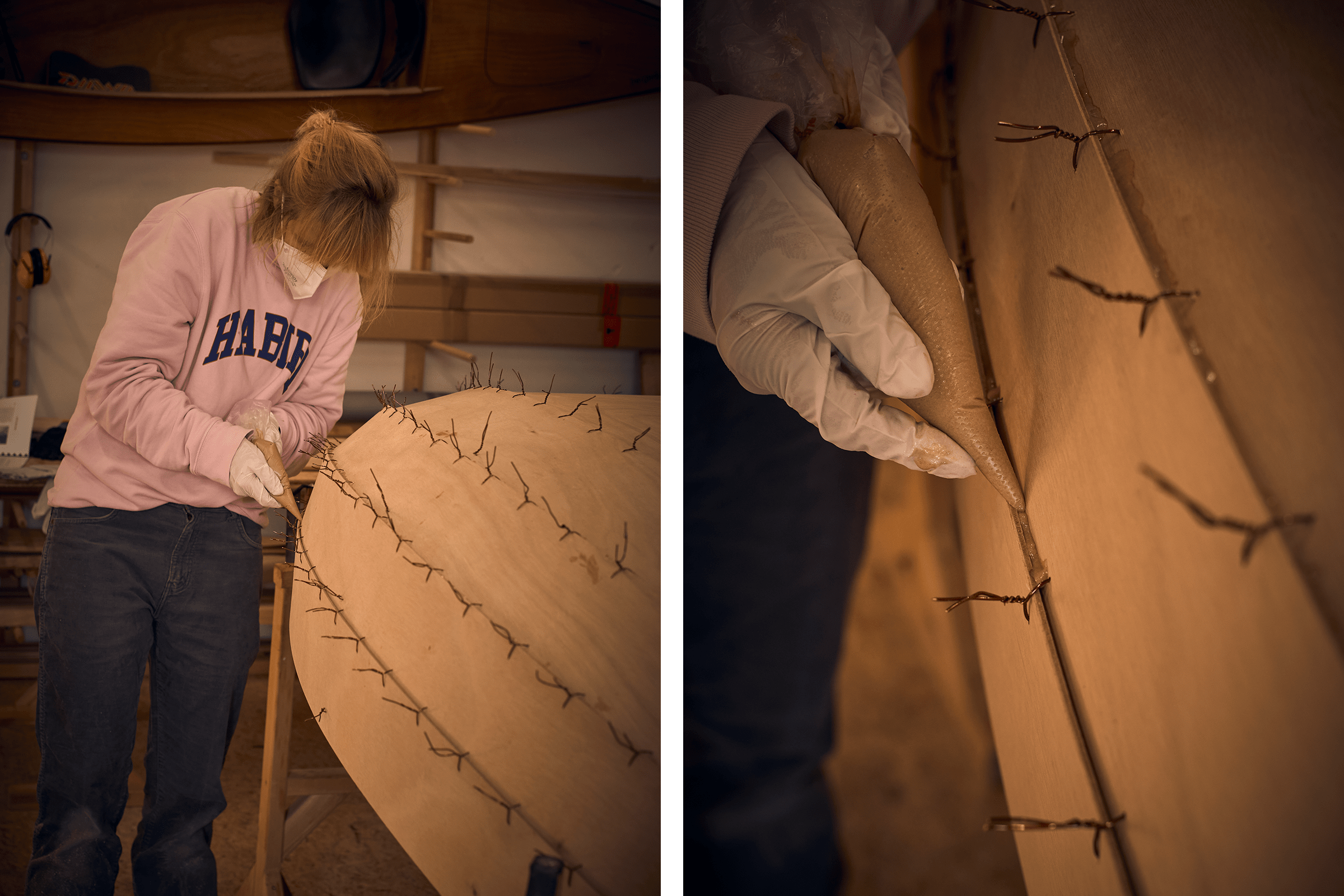 Zweiteiliges Bild einer Frau, die mit Füllstoff ein Holzboot bearbeitet