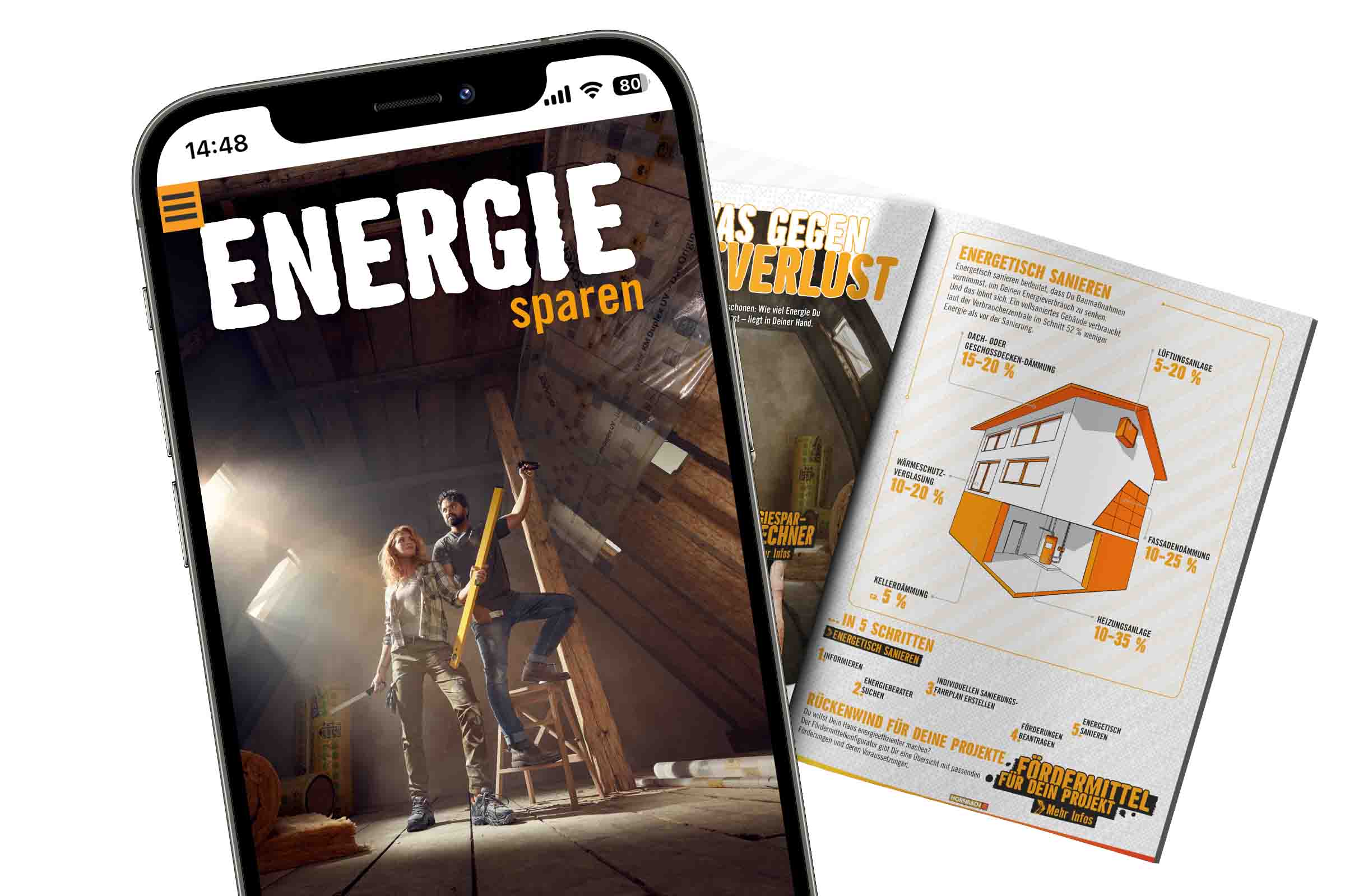 Smartphone mit Anzeige zum Thema Energiesparen und Broschüren zu Energieeffizienz.