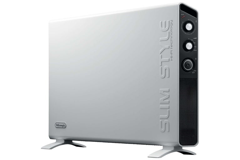 Radiateur convecteur électrique blanc avec panneau de commande et logo DeLonghi