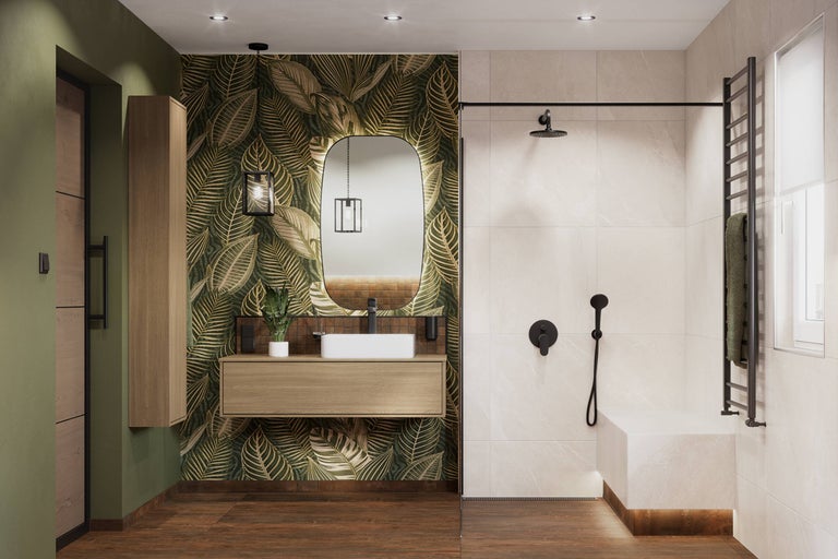 Salle de bain moderne avec douche, lavabo et papier peint à motifs de feuilles