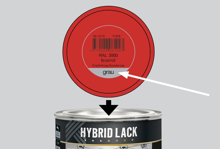 Boîte de peinture laque hybride avec informations sur la teinte rouge feu et l'apprêt gris recommandé