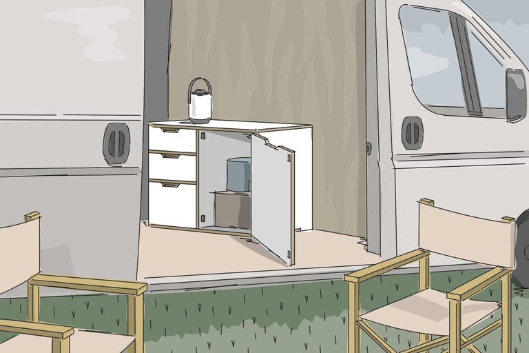 Illustration eines Campingausbaus mit Schrankmodul und Campingmöbeln vor einem Transporter