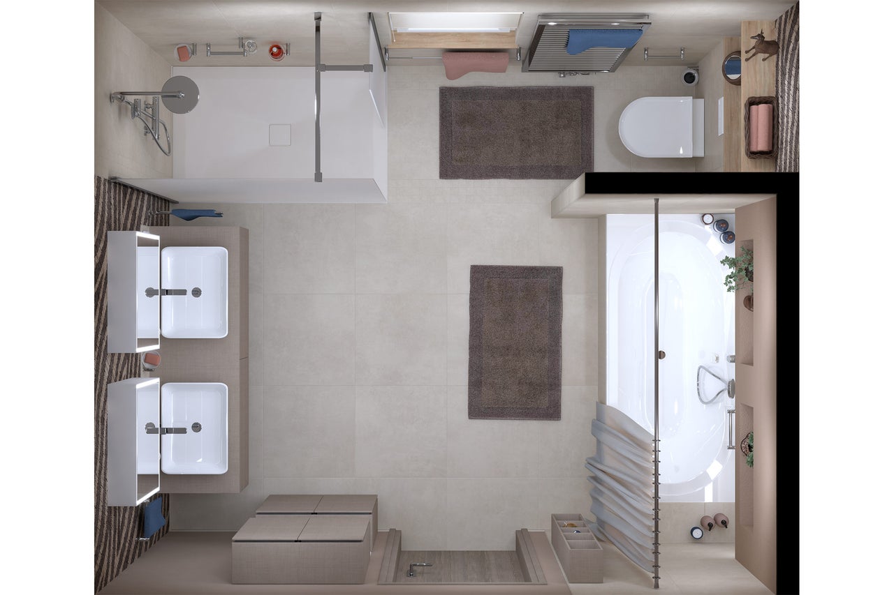Vue de dessus d'une salle de bains avec douche, baignoire, lavabo et toilettes.