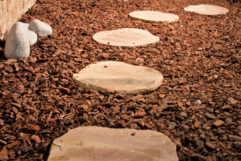 Scène avec allée de jardin composée de pas japonais et de paillis d'écorce