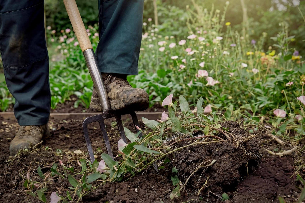 Personne travaillant avec une fourche bêche dans le jardin