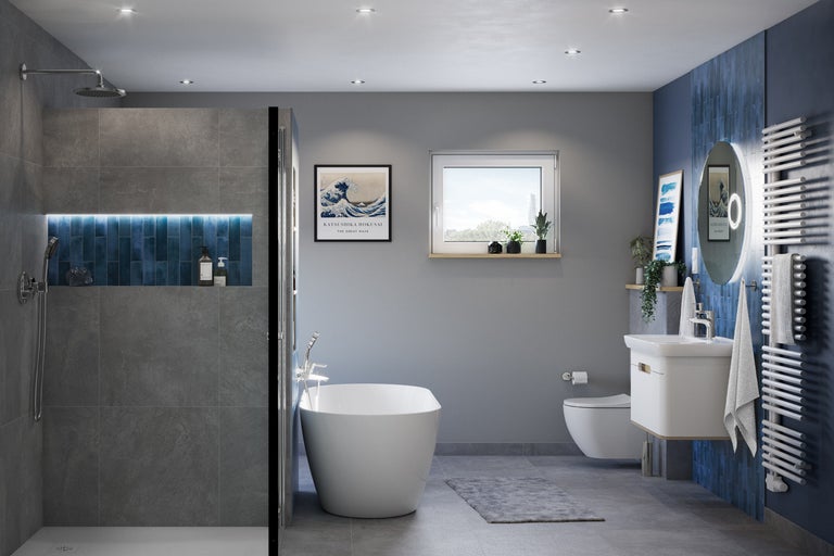 Helles Badezimmer mit Dusche, Badewanne, Waschbecken und Toilette in moderner Gestaltung.