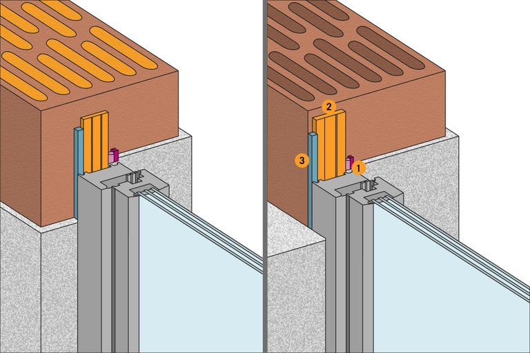 Vue détaillée du raccordement d'une fenêtre avec des bandes d'étanchéité et une maçonnerie