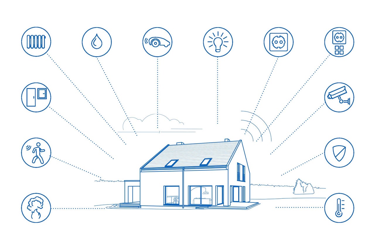 Illustration d'une maison intelligente avec différents systèmes domotiques