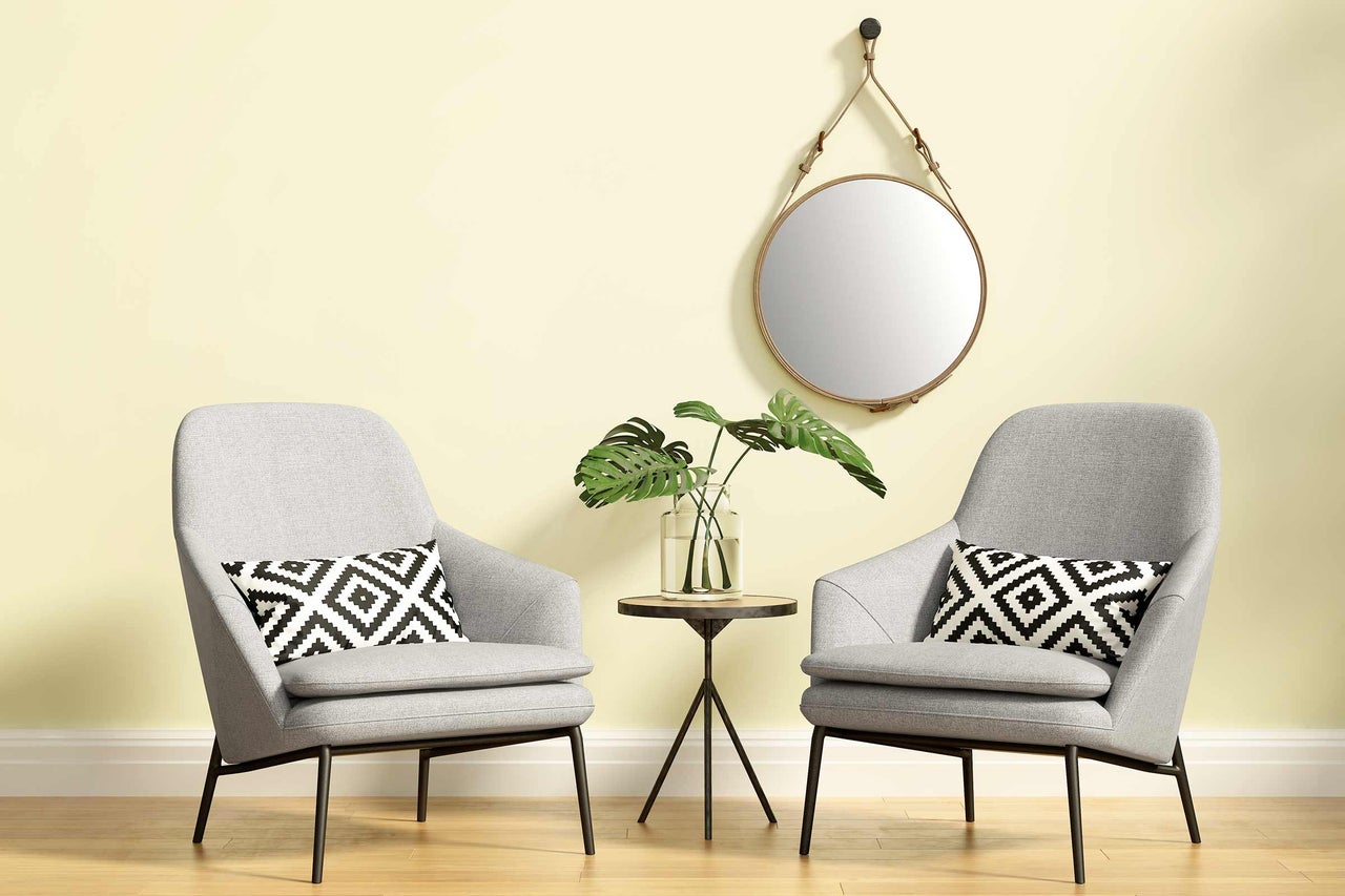 Deux fauteuils avec coussins, une table avec une plante et un miroir rond au mur.
