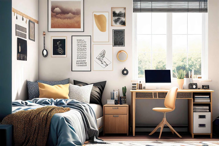 Helles Schlafzimmer mit Bett, Schreibtisch und verschiedenen Wanddekorationen für ein gemütliches Ambiente