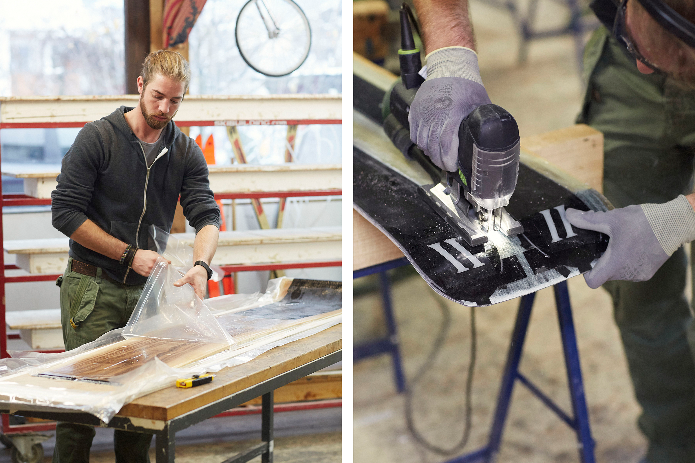 Zwei Handwerker bei der Arbeit: Einer entfernt die Schutzfolie von Holz, der andere sägt mit einer Stichsäge.