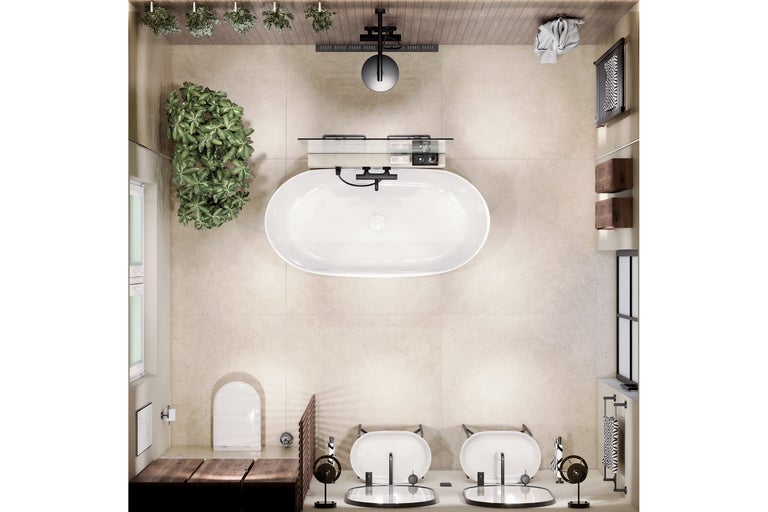 Ansicht von oben eines Badezimmers mit Badewanne, Waschtischen und Pflanzen.