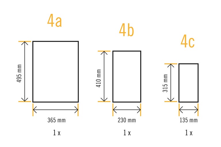 Abmessungen von drei rechteckigen Platten: 4a (495 mm x 365 mm), 4b (410 mm x 230 mm), 4c (315 mm x 135 mm)