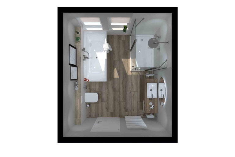 Aufsicht eines Badezimmers mit Badewanne, Dusche, Toilette und Waschtisch