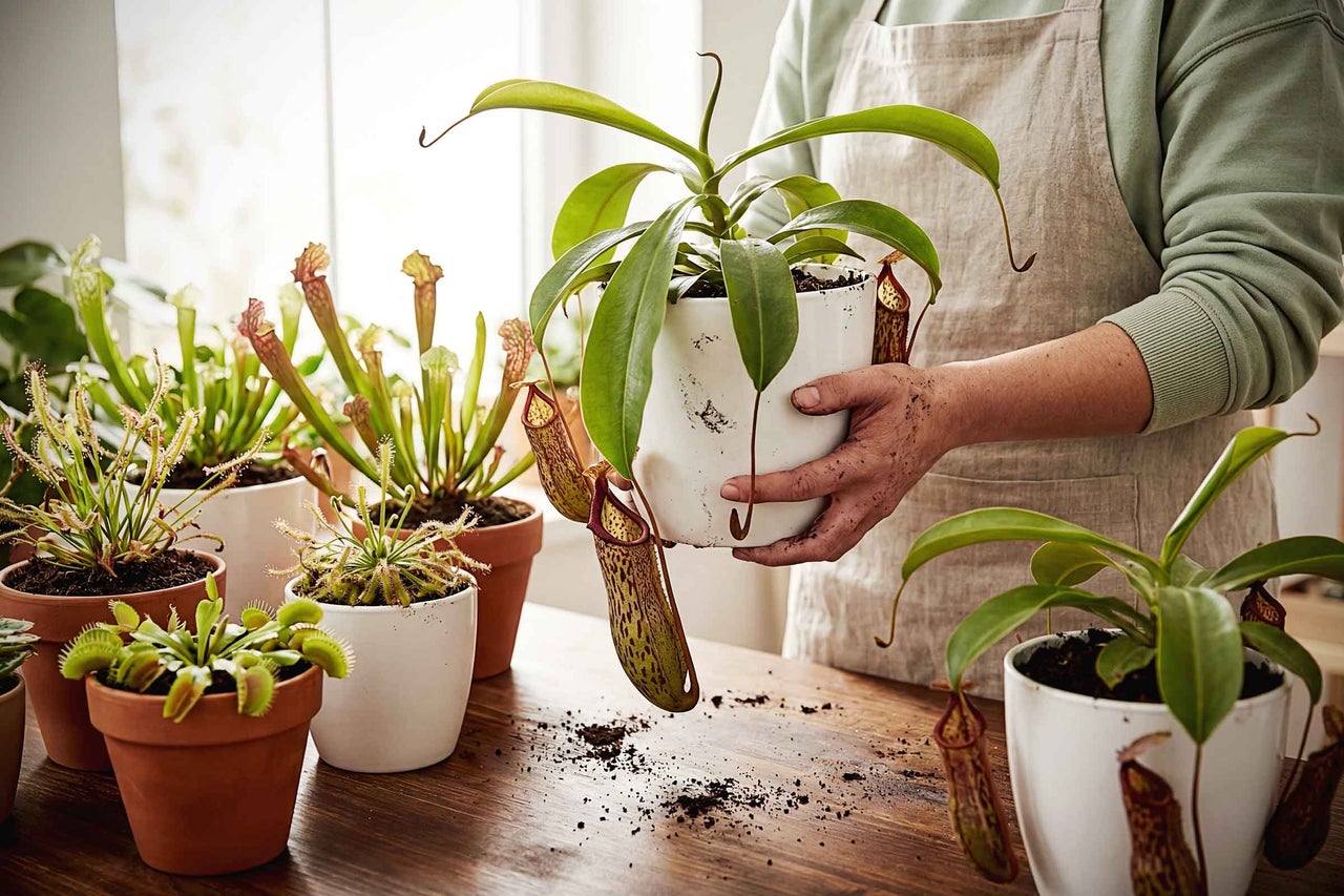 Scène avec des plantes carnivores et des pièges à mouches de Vénus en pots sur une table, une personne tenant une plante carnivore
