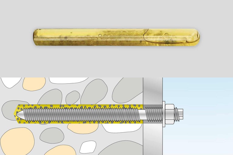 Injektionsmörtelpatrone und schematische Darstellung einer Ankerbefestigung im Mauerwerk