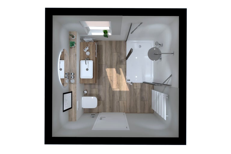 Draufsicht eines Badezimmers mit Dusche, Waschbecken, Toilette, Spiegel und Heizkörper