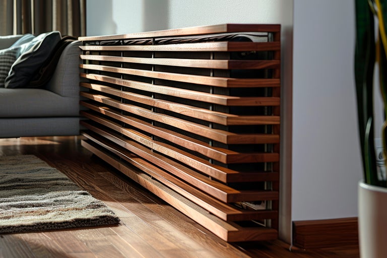 Habillage en bois devant un radiateur dans un salon