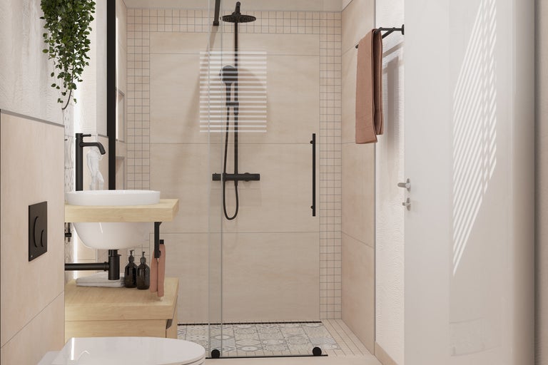 Badezimmer mit Dusche, Waschbecken und Toilette in modernem Design