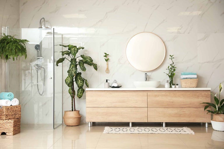 Salle de bain moderne avec douche, lavabo, miroir et plantes pour une atmosphère conviviale
